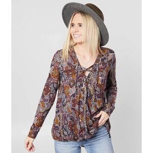 Daytrip Buckle Colorful Paisley Flowy Peasant Long Sleeve Top Lace-Up V-Neck M